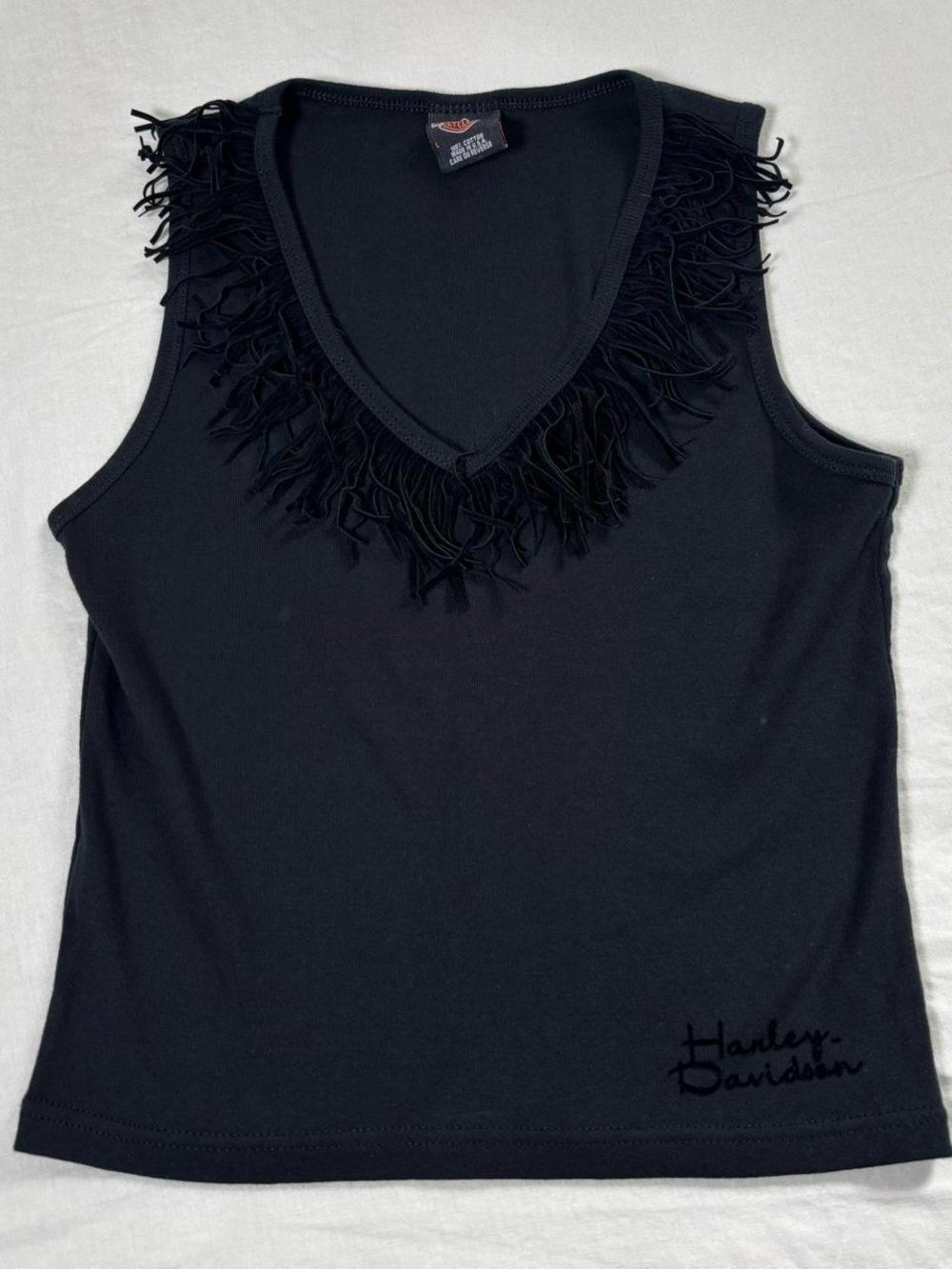 Harley-Davidson Black V-Neck Fringe Tank 100% cotton size Large Open